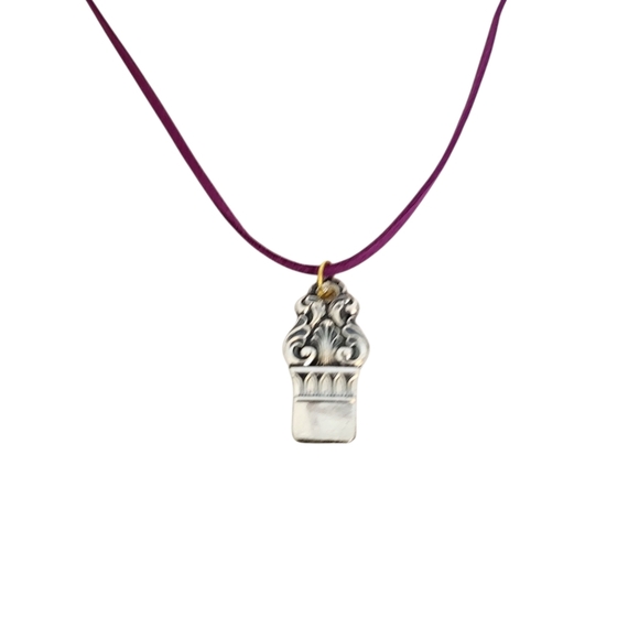 Vintage Norway Silverplate Spoon Necklace Marthinsen Purple Ribbon Cord - Picture 2 of 4